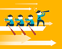An illustration depicting forward motion shows a team of rowers paddling while a leader stands at the bow, gazing through a telescope