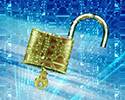 An open padlock overlays circuit board graphics