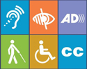 A series of icons that depict vision, hearing, and mobility represent digital and web accessibility