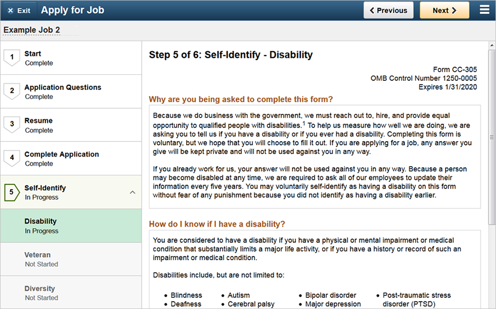 Fifth page of the activity guide showing the disability page of the self identify section