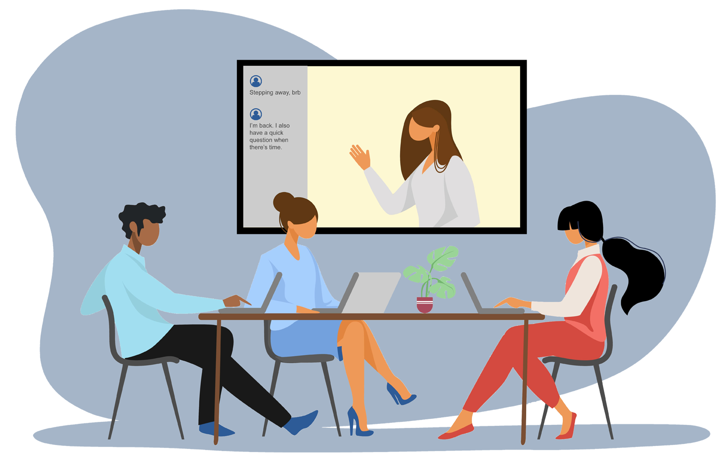 Graphic depicting a hybrid meeting, where people are in an office space talking to someone who has videoconferenced in