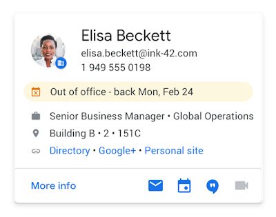 Screenshot of the new contact info showing out of office notices in Gmail