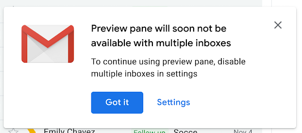Screenshot of the preview pane change notification in Gmail