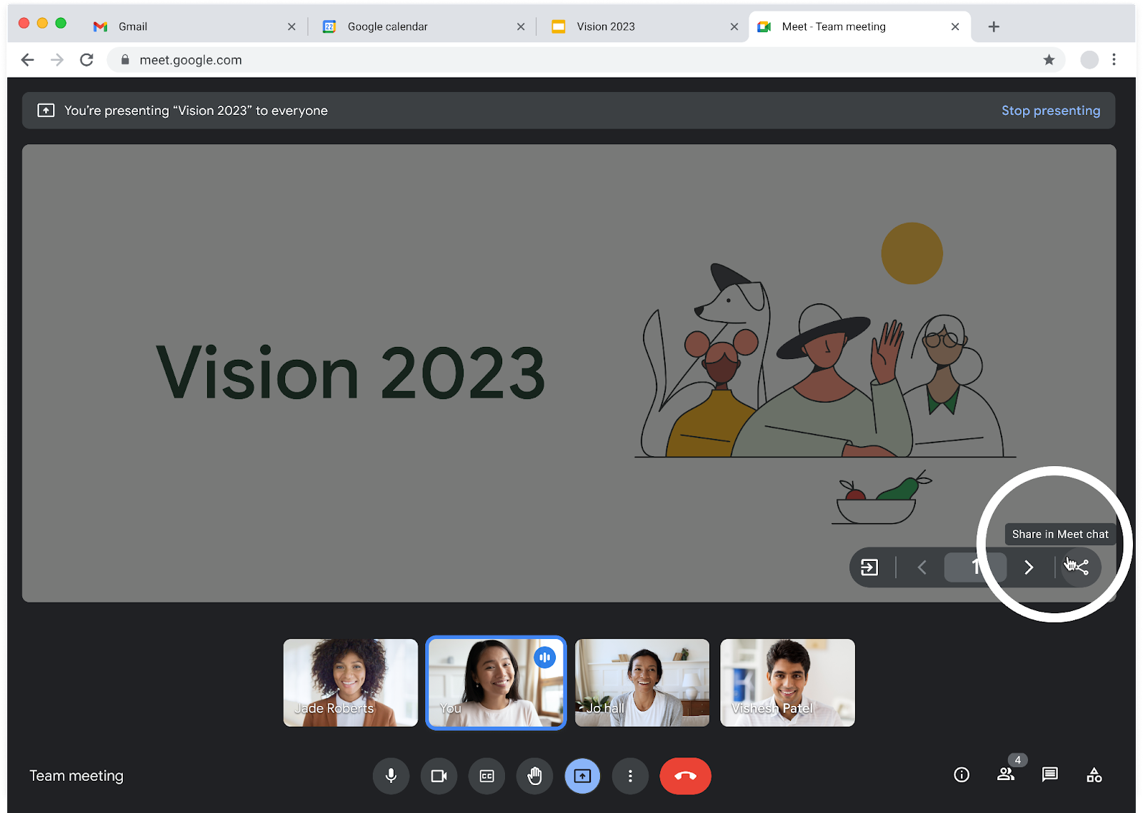 Google Meet session with white circle around new "Share in Meet chat" button