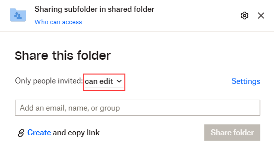 Dropbox "Share this folder" dialog box with a red box around the new "Can edit" option