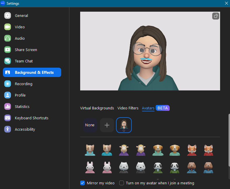 Zoom desktop app settings under Background and Effects showing customization options for a human avatar