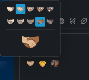 Handshake emoji in Slack with options to set the skin tone of each hand