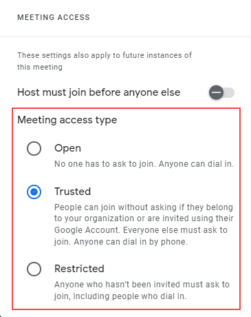 Red box appears around the new Meeting access type settings in Google Meet