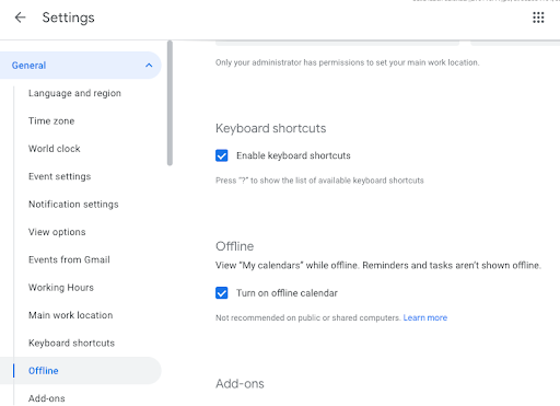 Screenshot of Google Calendar General settings, under Offline.