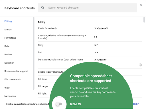 new google sheets feature to add additional keyboard shortcuts