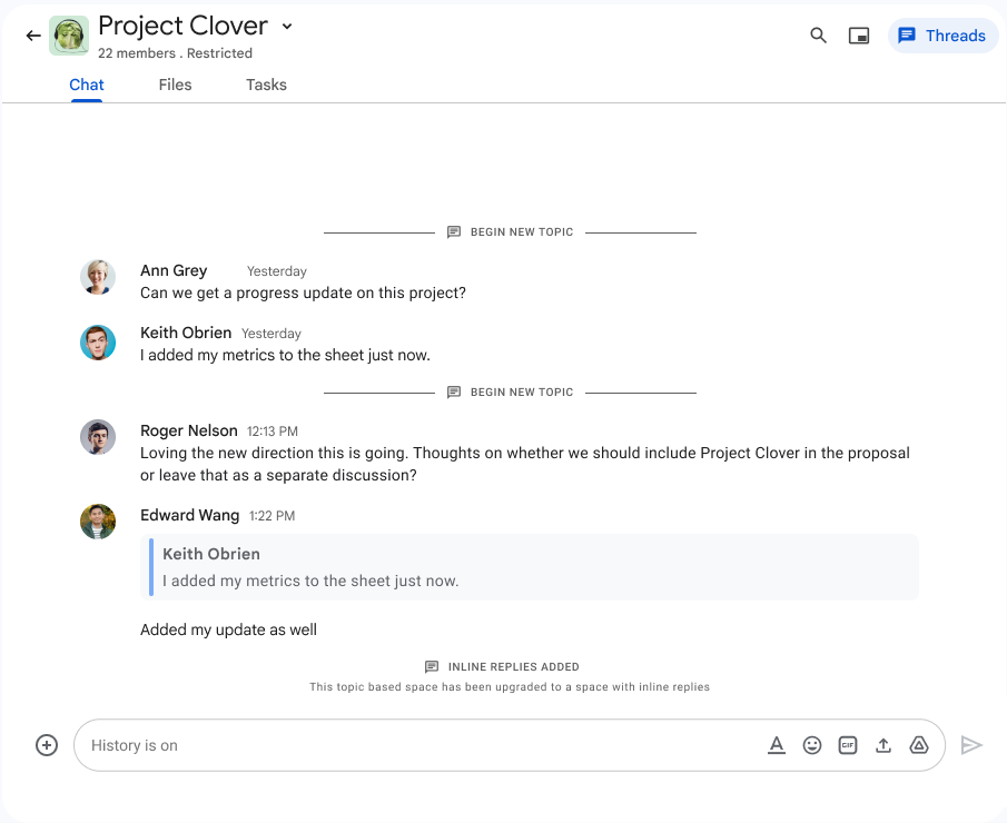 Google Chat space showing how previous conversation topic spaces will look after the upgrade, with text separators between topics