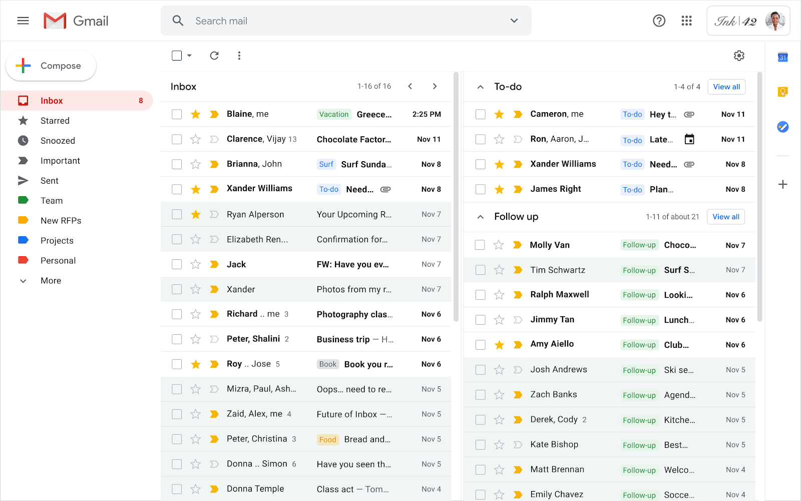 Screenshot of the multiple inboxes feature in Gmail