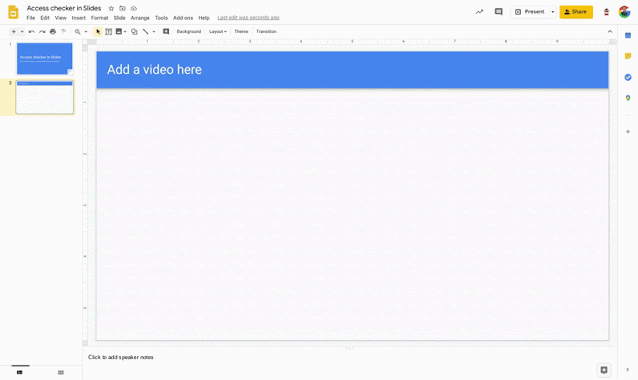 GIF of Google Slides presentation. Cursor adds video, pop-up regarding sharing with people appears.