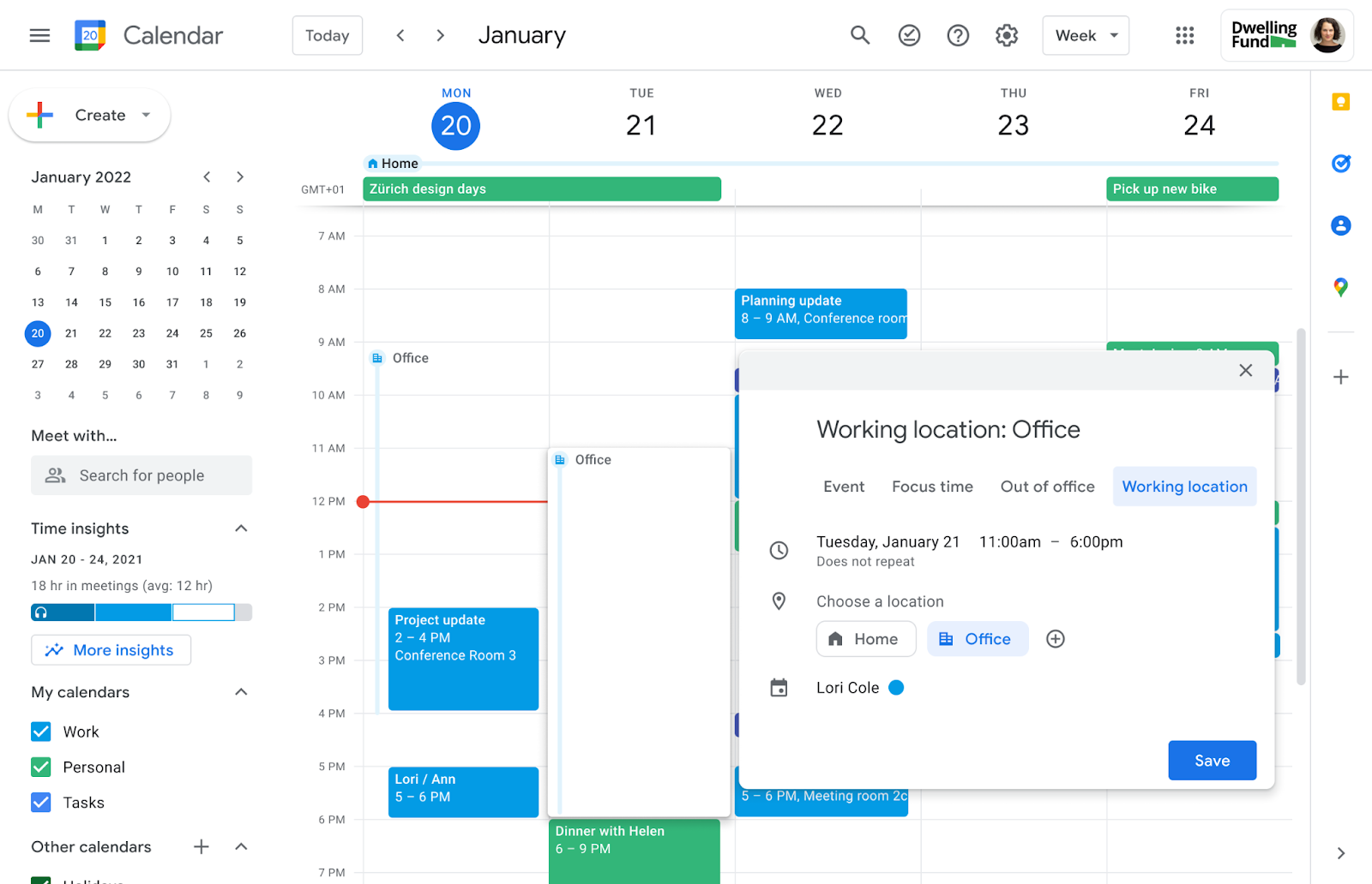 Google Calendar weekly view with a new Working Location event selected for 11am to 6pm