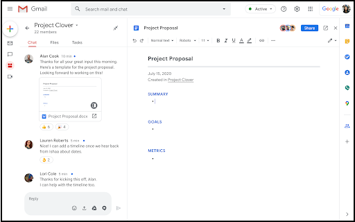 Screenshot of new Gmail interface. Shows "Project Clover" room, where a "Project Proposal" Google Doc is open and editable.