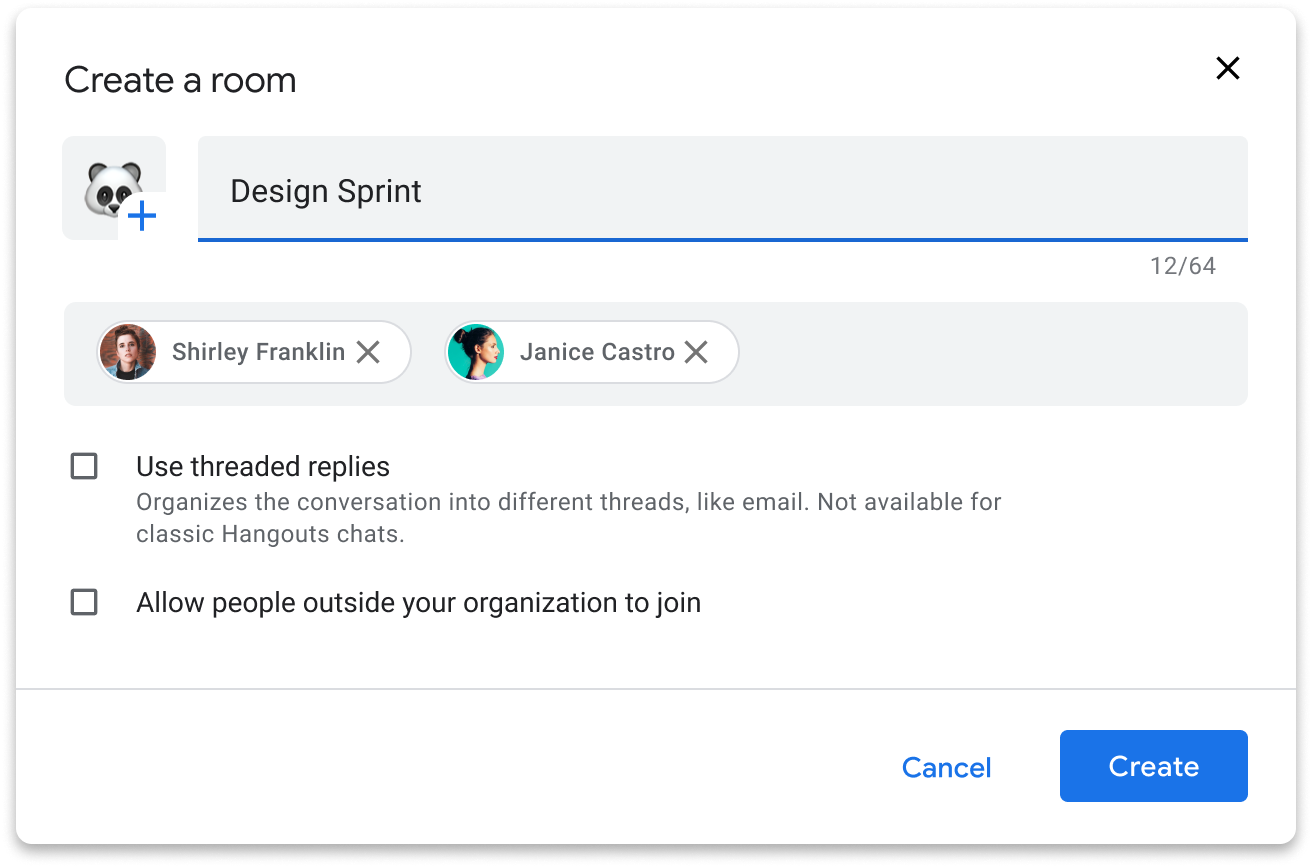 Google Chat dialog box when you create a new room.