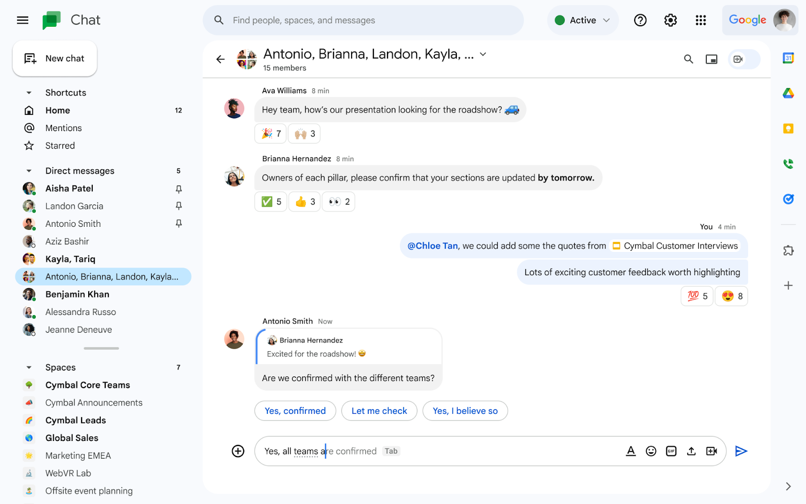 Google Chat group conversation showing new message stream alignments
