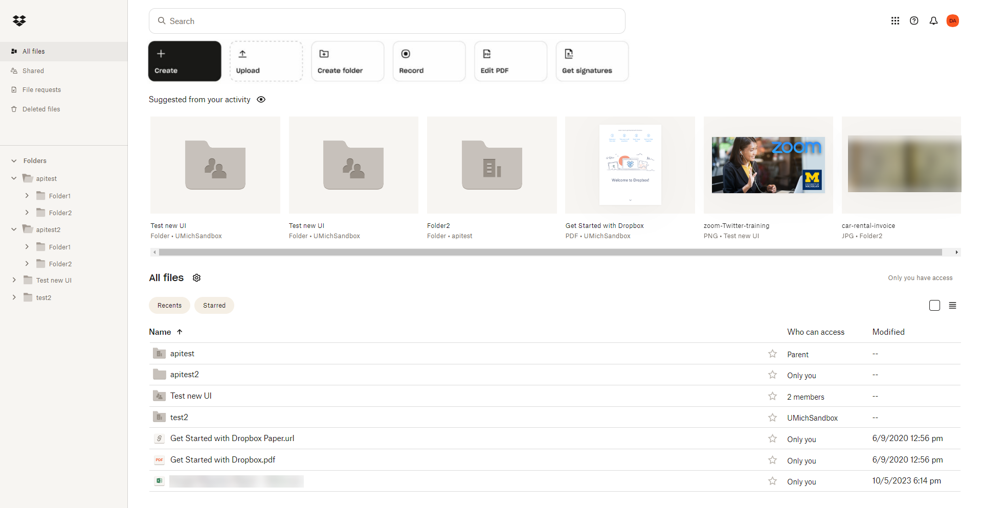 New Dropbox interface showing updated left navigation and folder tree, as well as the new action bar and file view.
