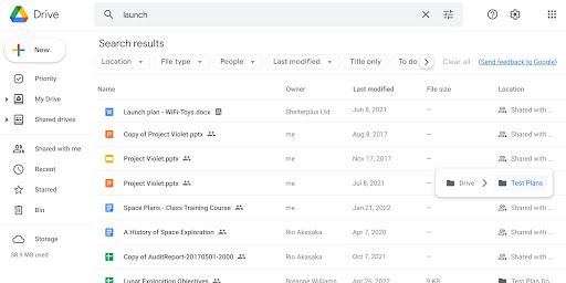 Google Drive search results with a file's location selected from the new location column