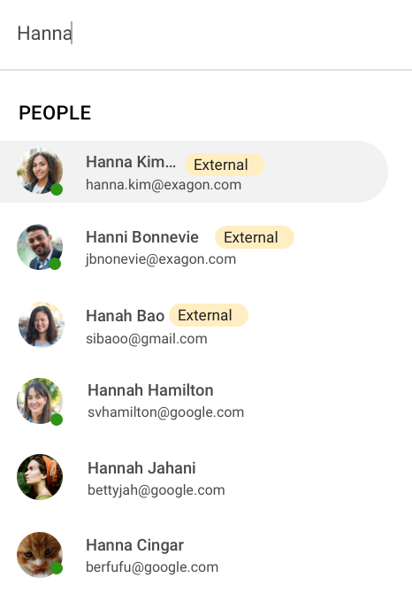 Screenshot of list of people with the External badge in Google Chat.