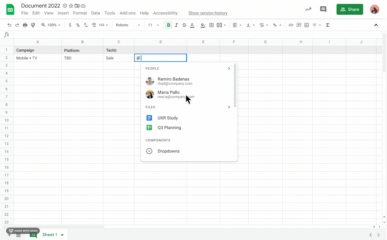 User types an "@" into a cell in Google Sheets and selects a file to add to the cell