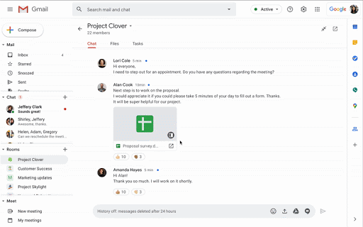 GIF of new Gmail interface. Cursor is click between Chat, Files, and Tasks tabs in the "Project Clover" room. In Tasks, cursor selects "Add room task" and creates a new task.