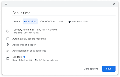 Google Calendar event with focus time