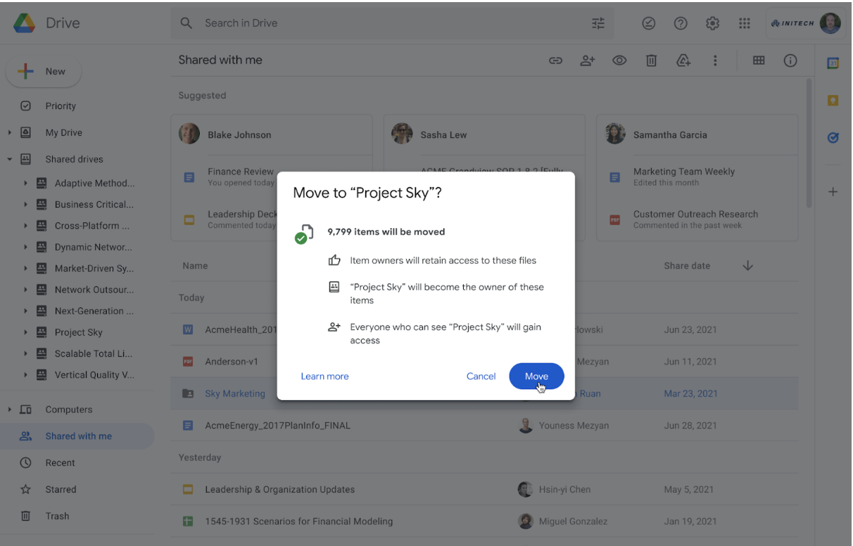 Google Drive displays a dialog box after attempting to move a folder titled Project Sky and is asking for confirmation before moving