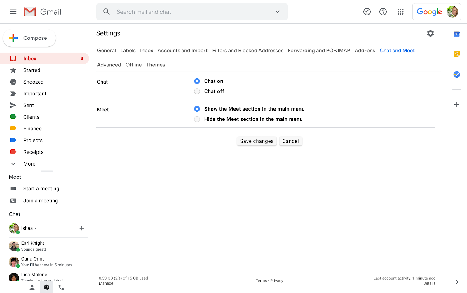 Screenshot of the settings menu in Gmail to turn off Meet