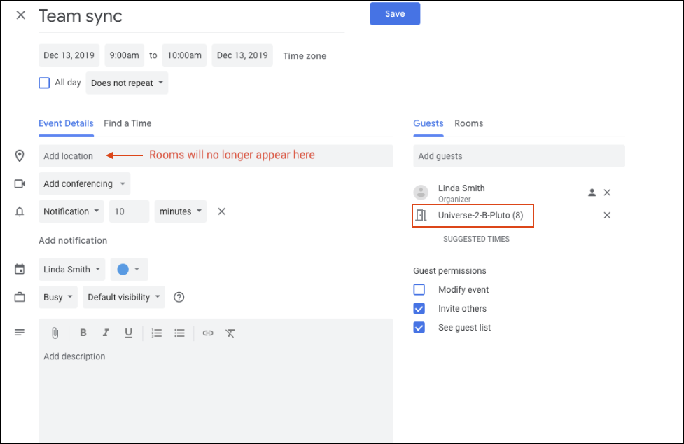 Screenshot of how room resources will not appear in Google Calendar (not shown in location field)