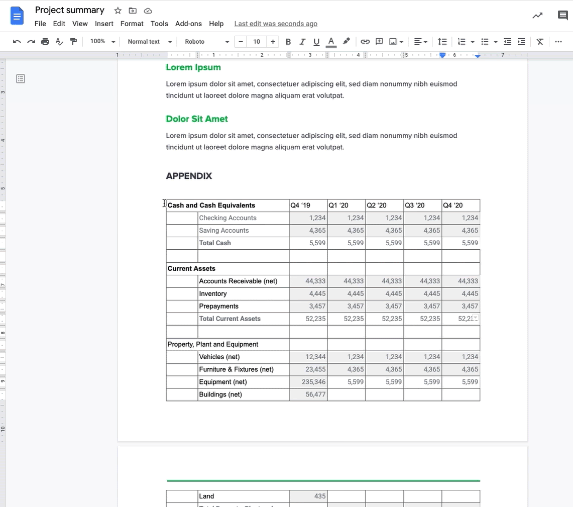 GIF of a Google Doc, showing someone highlight a chart on a page and changing the page orientation.