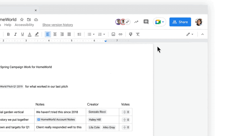 Animated GIF. User is clicking the new Meet drop-down in Google Docs and selecting a schedule Meet session.