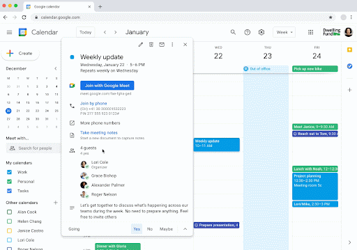 Animated GIF, Google Calendar, cursor clicks Take meeting notes on event, Google Doc opens the notes template