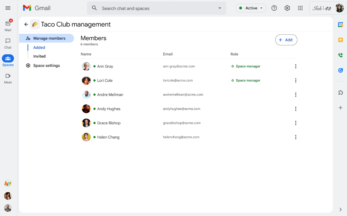 Google Chat space open to the new "Manage members" view