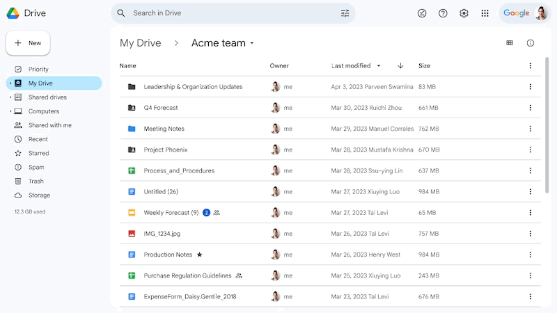 In Google Drive, user clicks a file, selects Move to, and uses the new location picker to select a location in Drive.