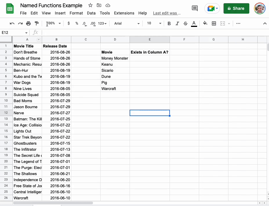 Walkthrough of creating a new named function in a Google Sheets spreadsheet
