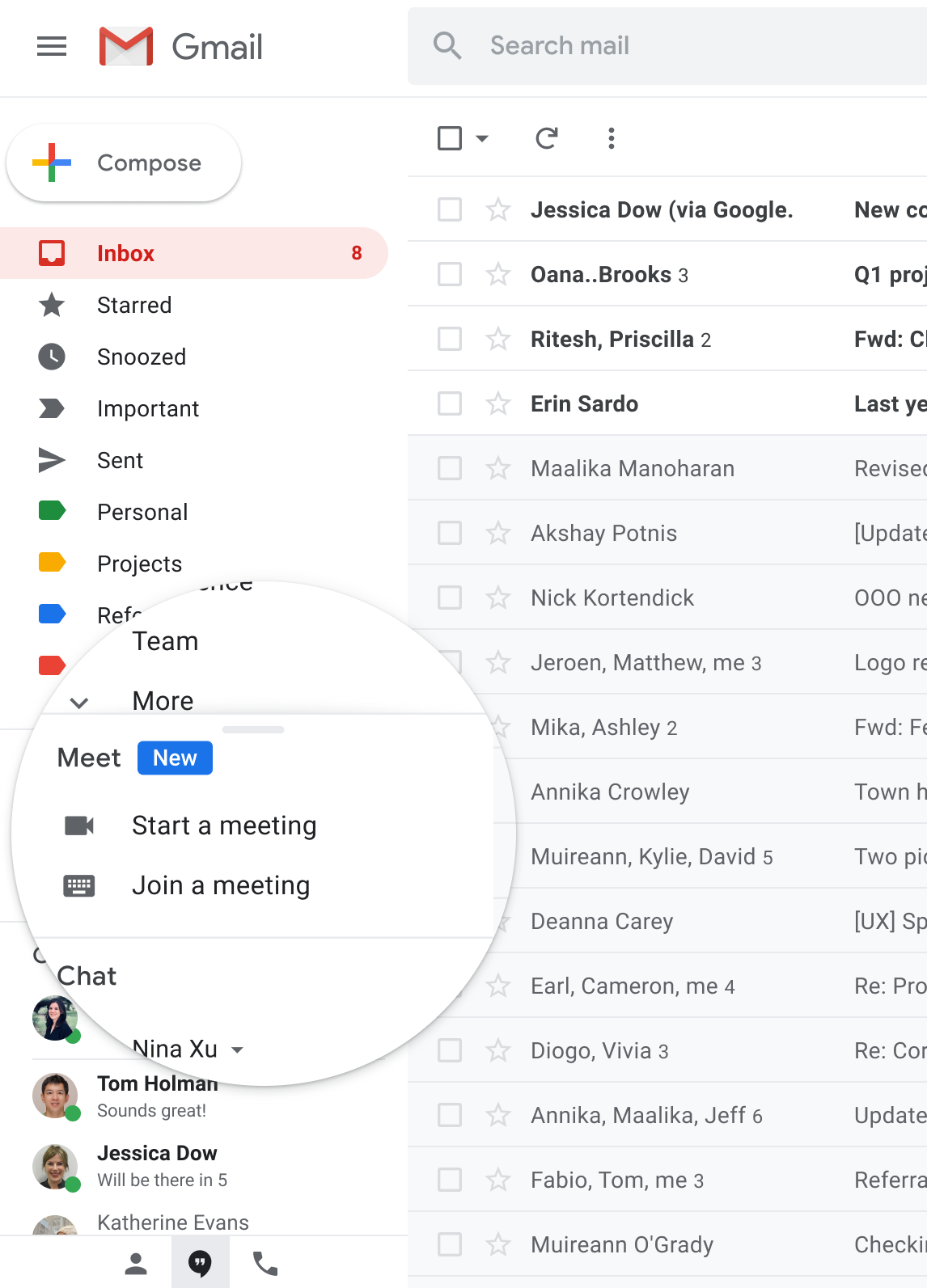 Screenshot of Gmail with an emphasis around the new Google Meet integration