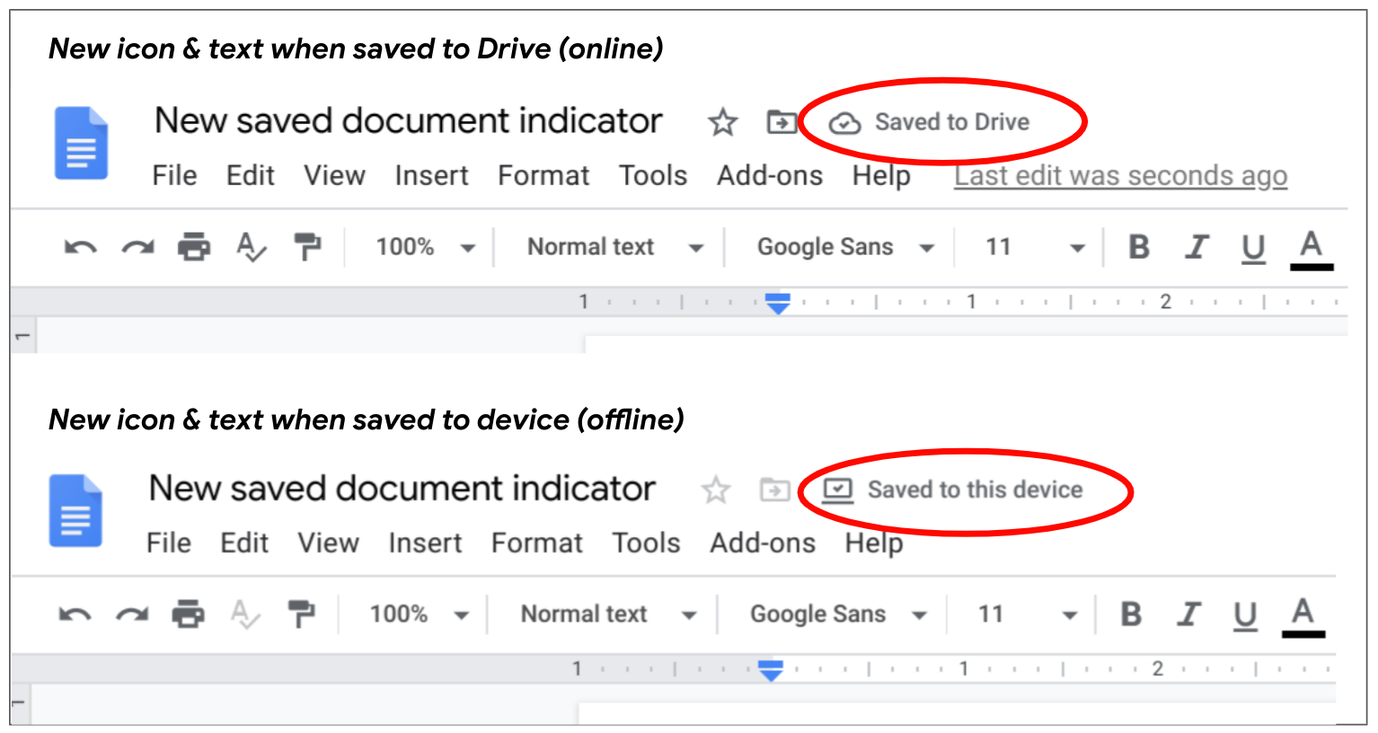 Screenshot of the new indicators for save and offline statuses in Google Docs.