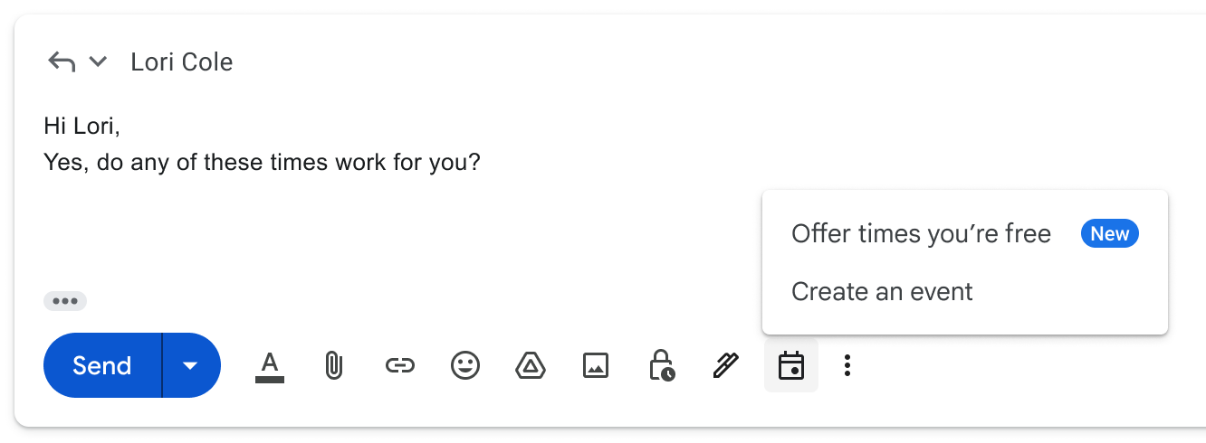 An email reply in Gmail showing the new Calendar icon in the toolbar and the options available for you to choose