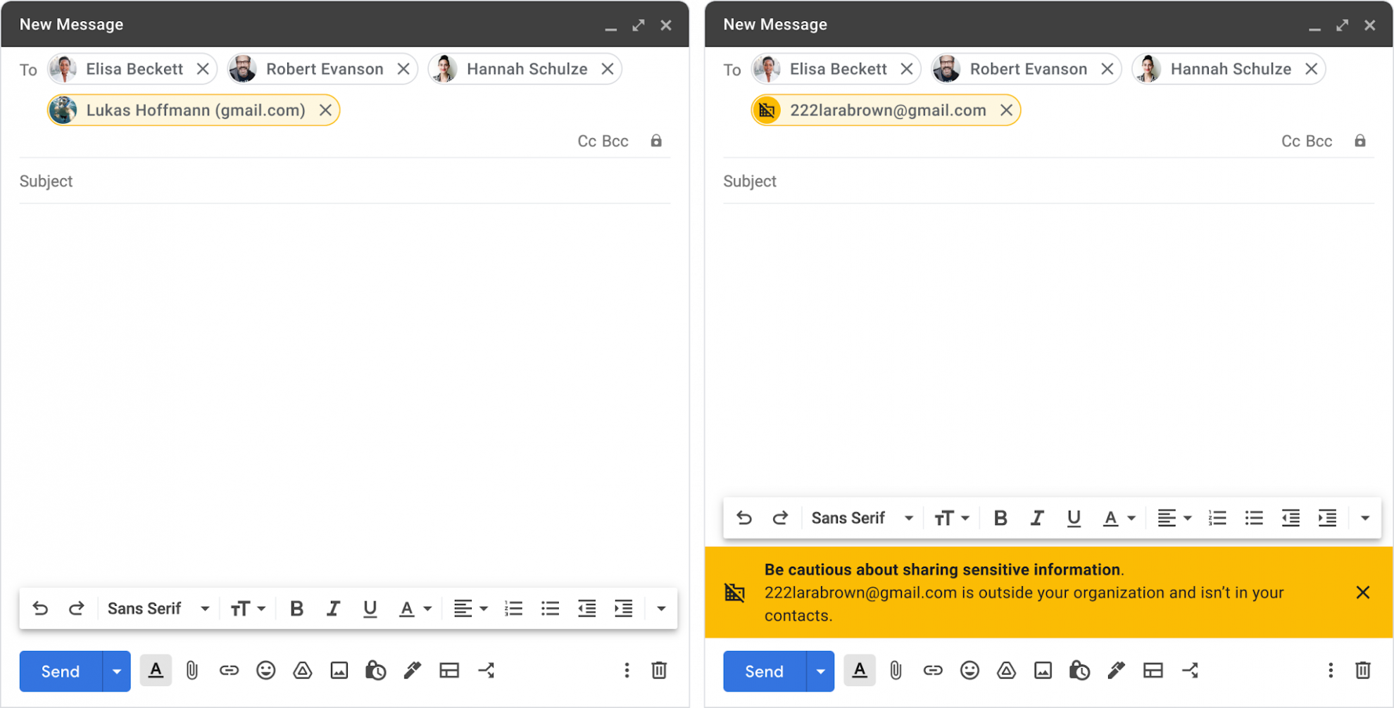 Two Gmail Compose boxes side by side, both have a recipient highlighted in yellow and the right image has a yellow warning box at the bottom