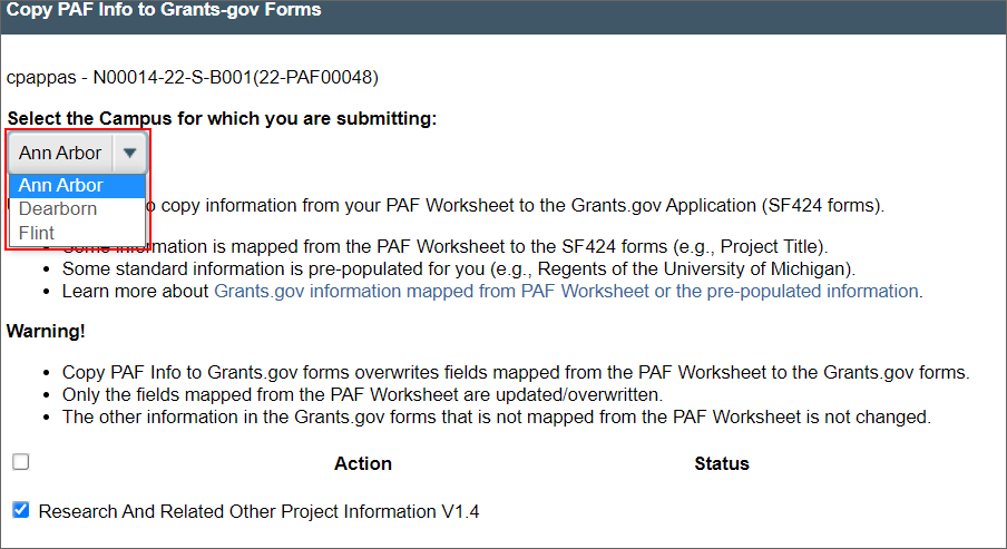 Copy PAF Info to Grants-gov Forms activity