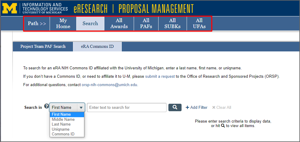 eResearch Proposal Management Search page