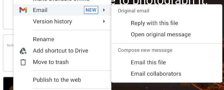 Screenshot of drop-down File menu when editing a Microsoft Word document in Google Drive, highlight over Email.