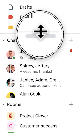 Screenshot of the left navigation bar of Gmail on the web. There is a circle around a zoomed in view of the resize icon above Chat.