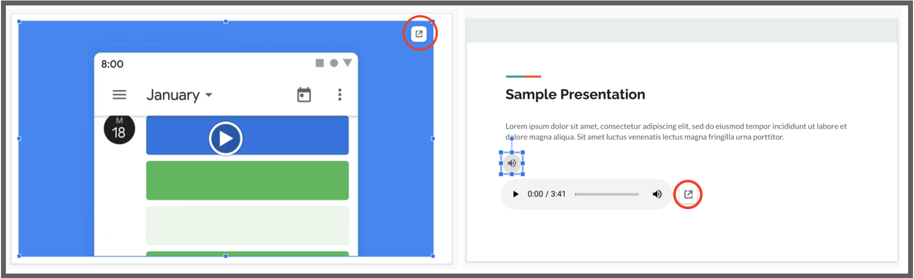 Screenshot of two example slides in Google Slides. Red circle around the "link to drive" icon on each slide.