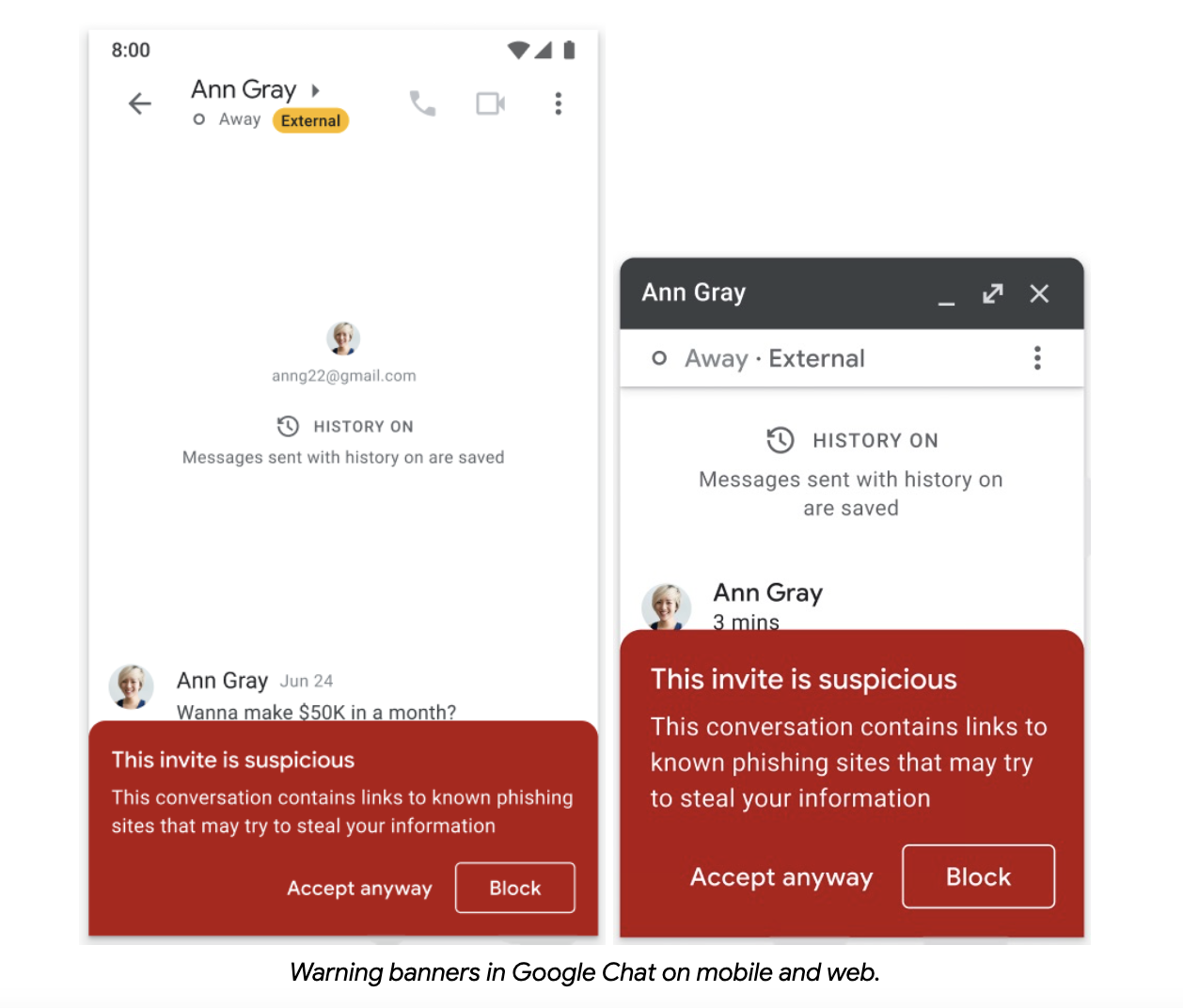 Google Chat messages with the new red warning banners