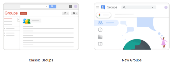 White background. On left is a minimalist overview of the classic Google Groups dashboard. On right is a minimalist overview of the new Google Groups dashboard. Text under each is "Classic Groups" and "New Groups", respectively.