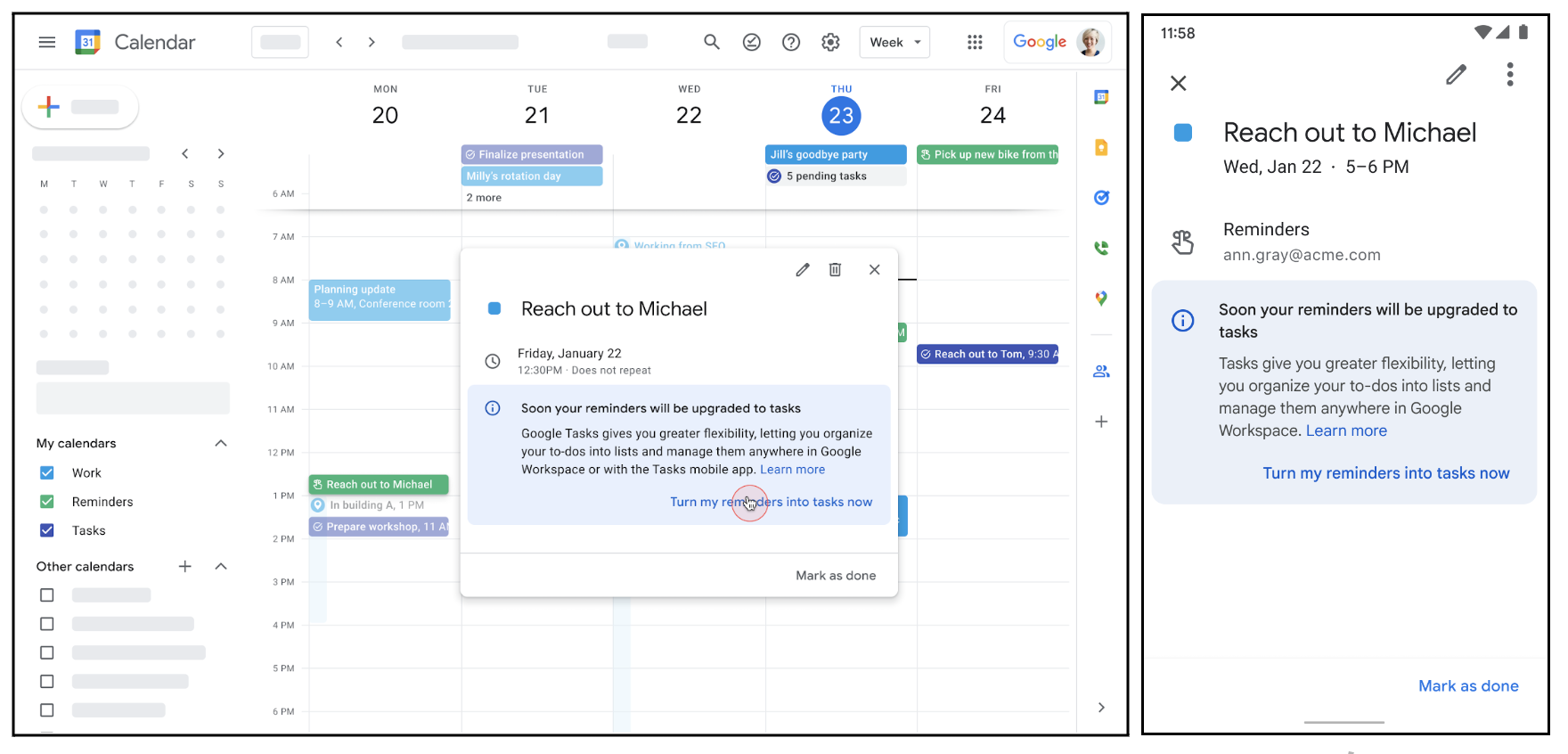 A reminder event is open in Google Calendar, there is a large blue box notifying you of the upcoming transition from Reminders to Tasks, and an option to click "Turn my reminders into tasks now"