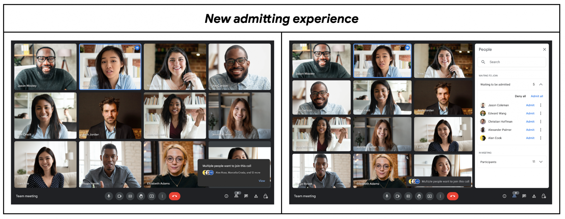 Example of two Google Meet views, the one on the left shows the new join request notification and the right one show the People panel and new options to admit or deny entrance