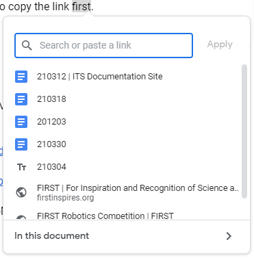 Screenshot in Google Docs, shows the new dialog box that appears when attaching a link to a word. It now lists recent Google Docs and links you visited.